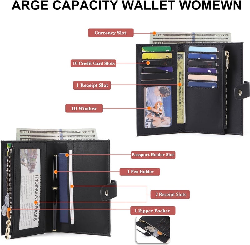 yiijay Wallet Women RFID Blocking Multi Cards Wallet Credit Card Holder for Women Large Capacity Lady Leather Trifold Travel Wallet with Pen Holder - Image 2